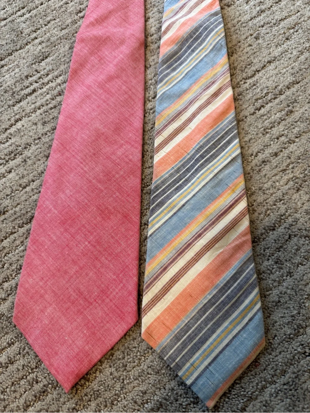 Two Vintage 70s Cotton Wide Neck Ties - Coral Red and Multicolor Striped